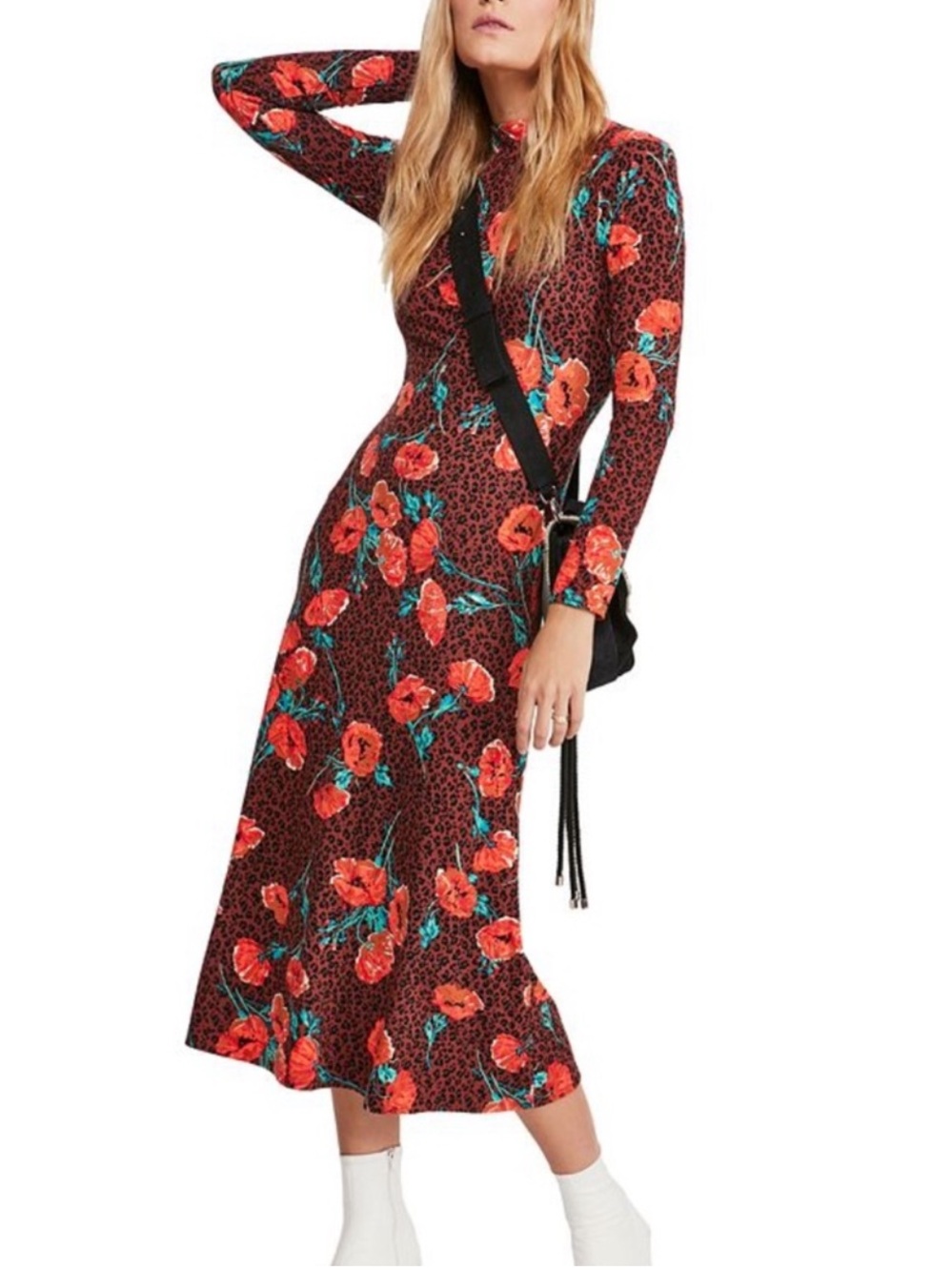 NEW Free People Retro Romance Midi Dress Large Poppy Fall Long Sleeve